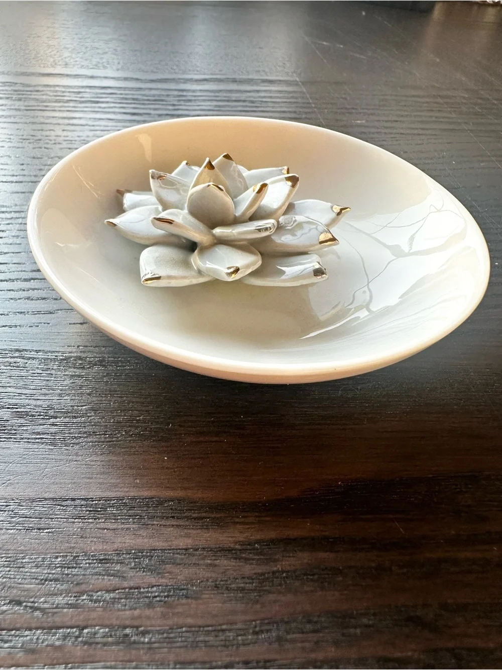Charming Charlie White Ceramic Lotus Jewelry Dish Gold Trim Ring Catchall